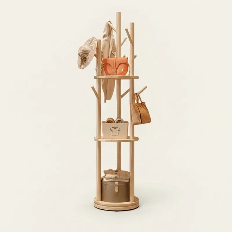 Porte-manteau Sur Pied Arbre En Bambou, Finition Bois Clair