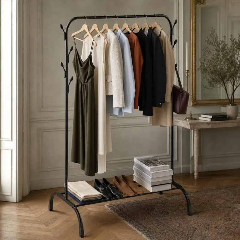 Meuble d'entrée barre dressing ronde noir avec chaussures