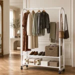 Meuble entrée porte-manteau chaussures métal blanc