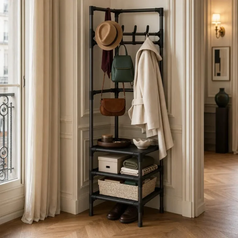 Meuble entrée porte-manteau d'angle avec porte chaussure