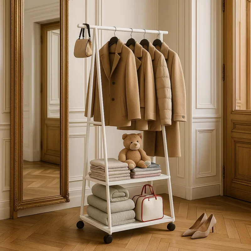 Meuble vestiaire roulant blanc métal avec rangement chaussures