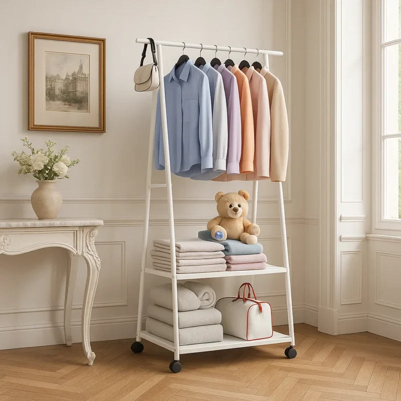 Meuble vestiaire roulant blanc métal avec rangement chaussures