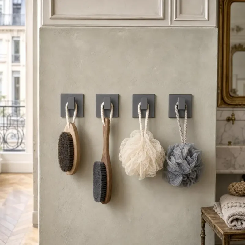 Patère murale adhésive aluminium gris 4 crochets