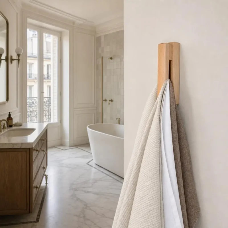 Patère murale bois clair pour salle de bain