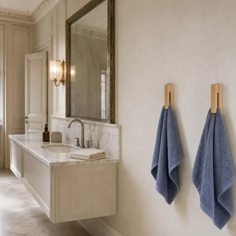 Patère murale bois clair pour salle de bain