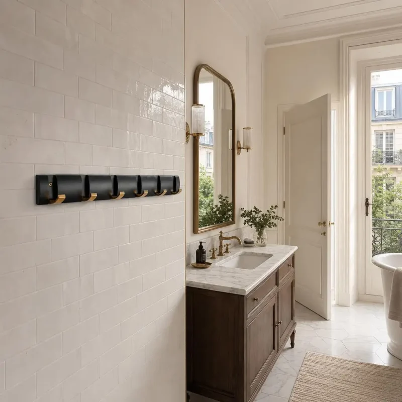 Patère salle de bain inox brossé 6 crochets dorés