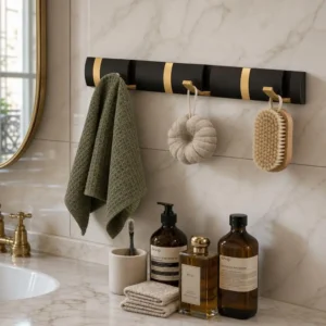 Patère salle de bain inox brossé 6 crochets dorés