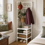Porte-manteau d'angle avec rangement chaussures en métal blanc