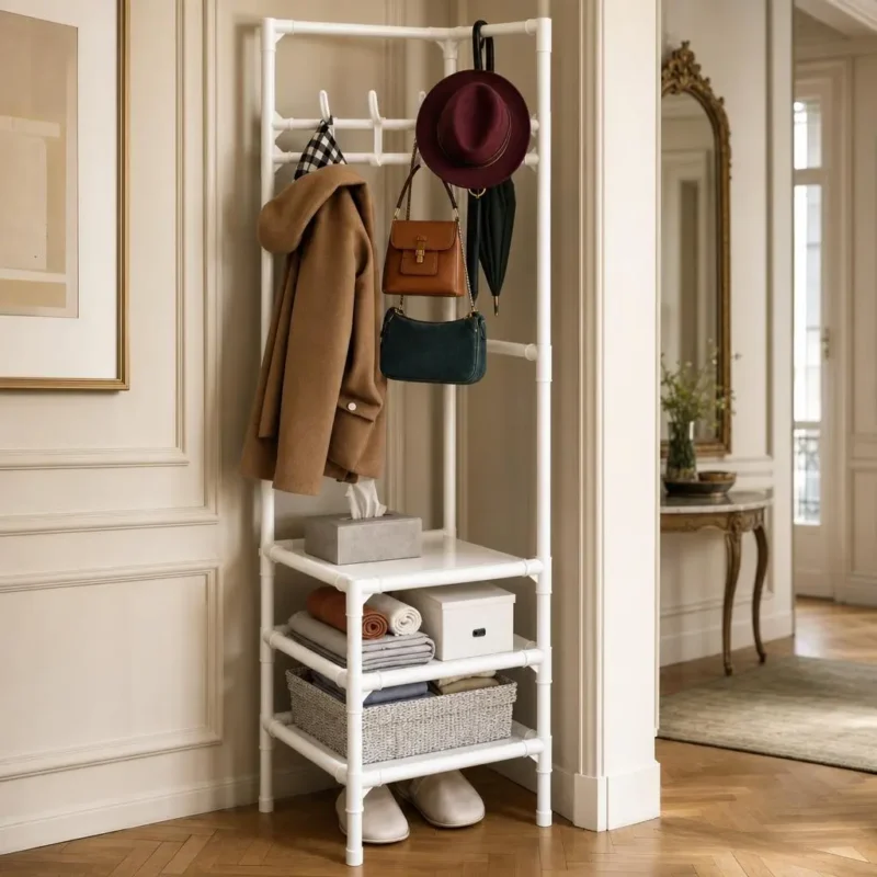 Porte-manteau d'angle avec rangement chaussures en métal blanc