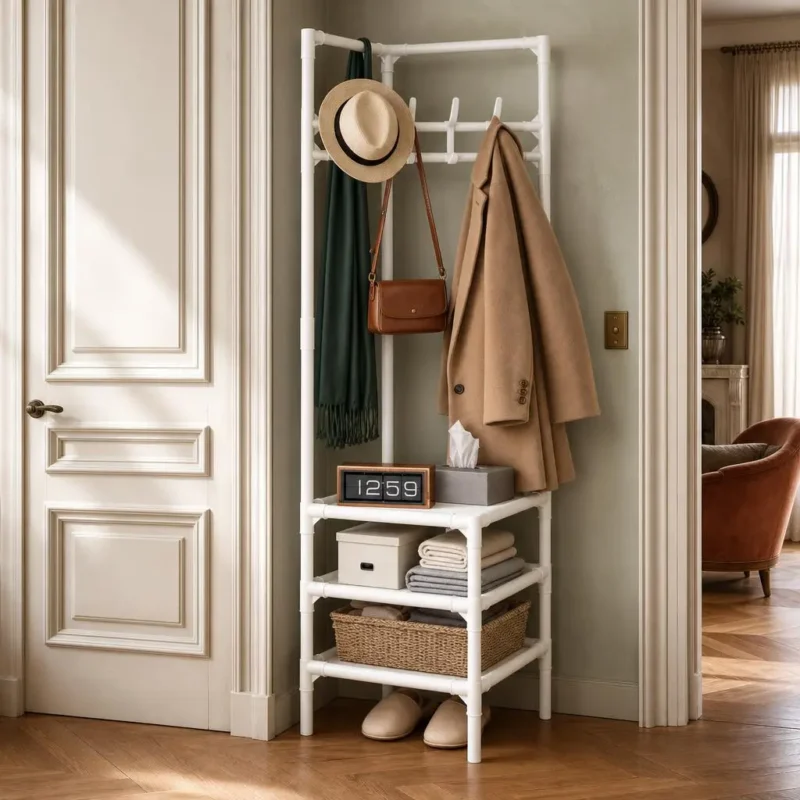 Porte-manteau d'angle avec rangement chaussures en métal blanc