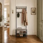 Porte-manteau meuble chaussures en bois et acier avec crochets