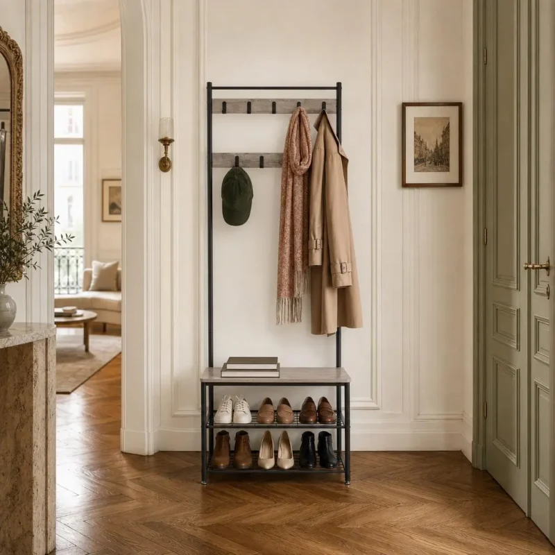 Porte-manteau meuble chaussures en bois et acier avec crochets