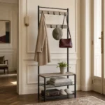 Porte-manteau meuble chaussures en bois et acier avec crochets