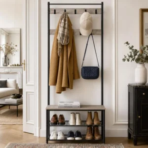 Porte-manteau meuble chaussures en bois et acier avec crochets