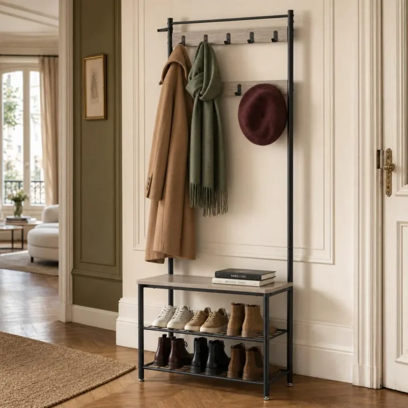 Porte-manteau meuble chaussures en bois et acier avec crochets