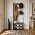 Porte-manteau meuble chaussures en bois et acier avec crochets