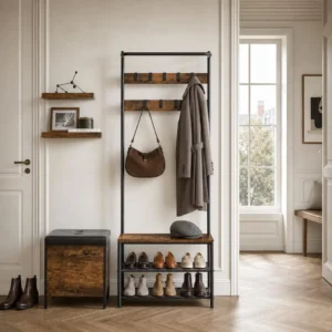 Porte-manteau meuble chaussures en bois foncé et acier avec crochets