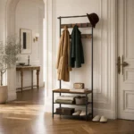 Porte-manteau meuble chaussures en bois foncé et acier avec crochets