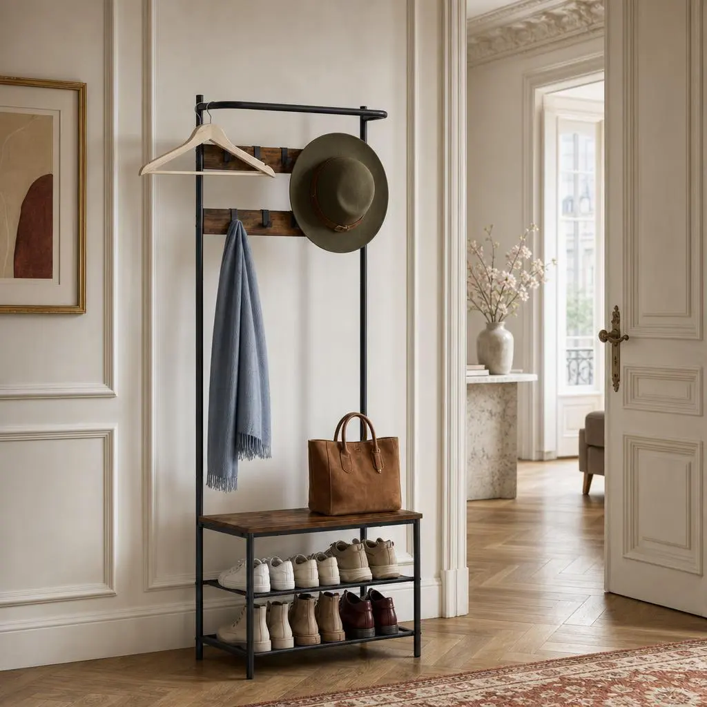 Porte-manteau meuble chaussures en bois foncé et acier avec crochets
