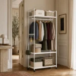 Porte-manteau meuble à chaussures double en métal blanc avec roulettes