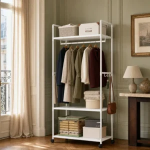 Porte-manteau meuble à chaussures double en métal blanc avec roulettes