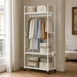 Porte-manteau meuble à chaussures double en métal blanc avec roulettes