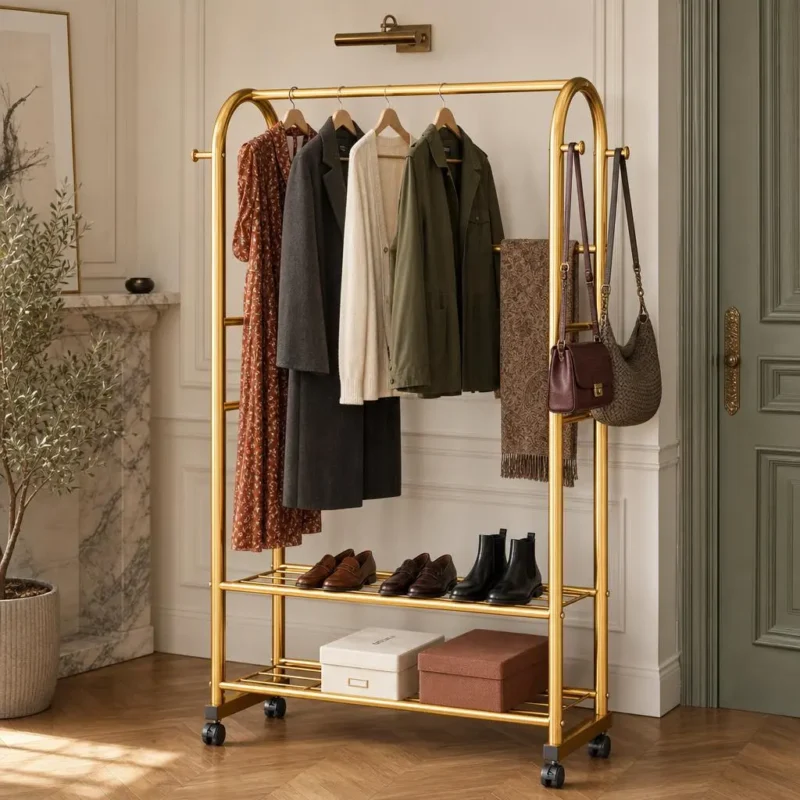 Porte-manteau meuble chaussures métal doré