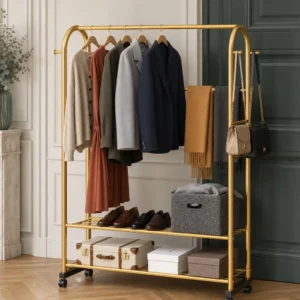Porte-manteau meuble à chaussures en métal doré
