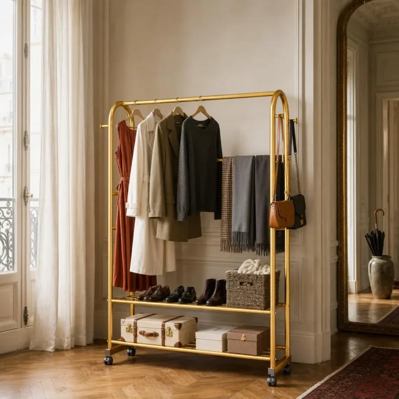Porte-manteau meuble chaussures métal doré