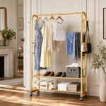 Porte-manteau meuble à chaussures en métal doré
