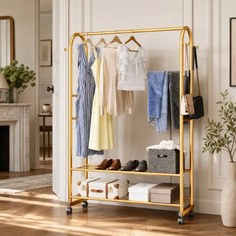 Porte-manteau meuble à chaussures en métal doré