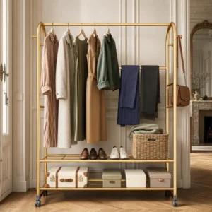Porte-manteau meuble à chaussures en métal doré