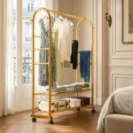 Porte-manteau meuble à chaussures en métal doré