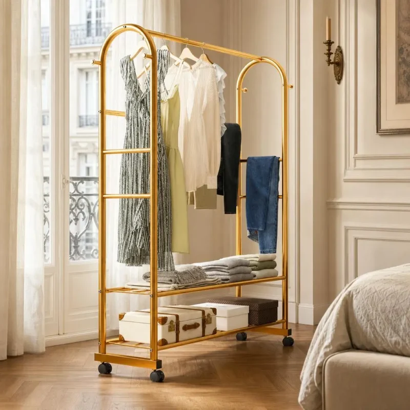 Porte-manteau meuble à chaussures en métal doré
