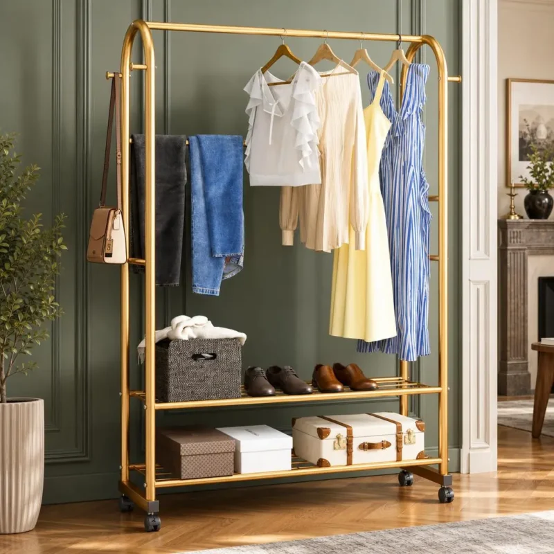 Porte-manteau meuble à chaussures en métal doré