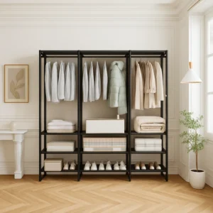 Porte-manteau meuble chaussures triple étagère noir 170 cm