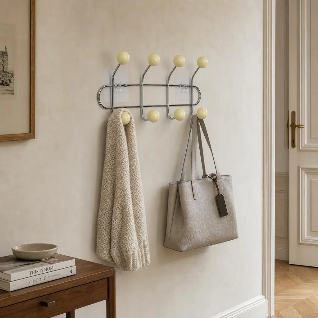 Porte-manteau mural 8 crochets métal chromé avec boules bois jaunes