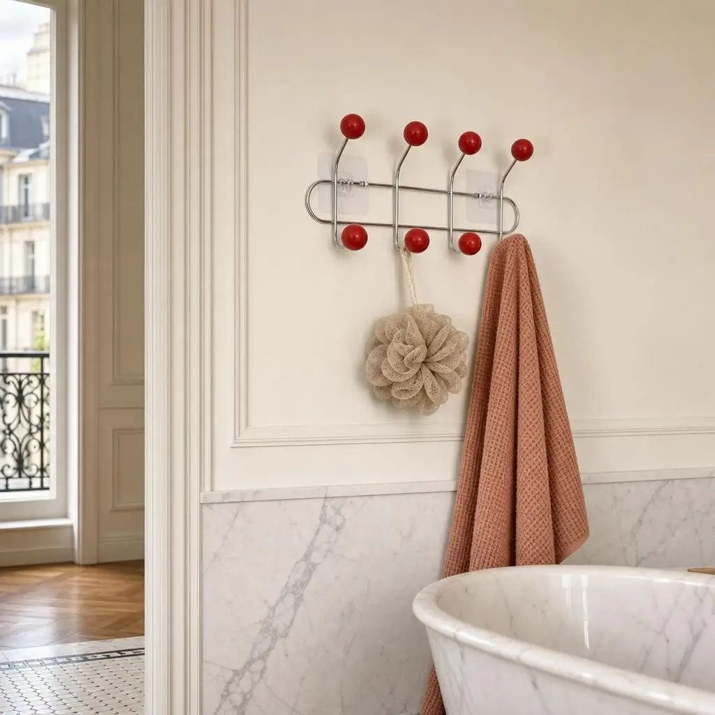 Porte-manteau mural 8 crochets métal chromé avec boules bois rouges