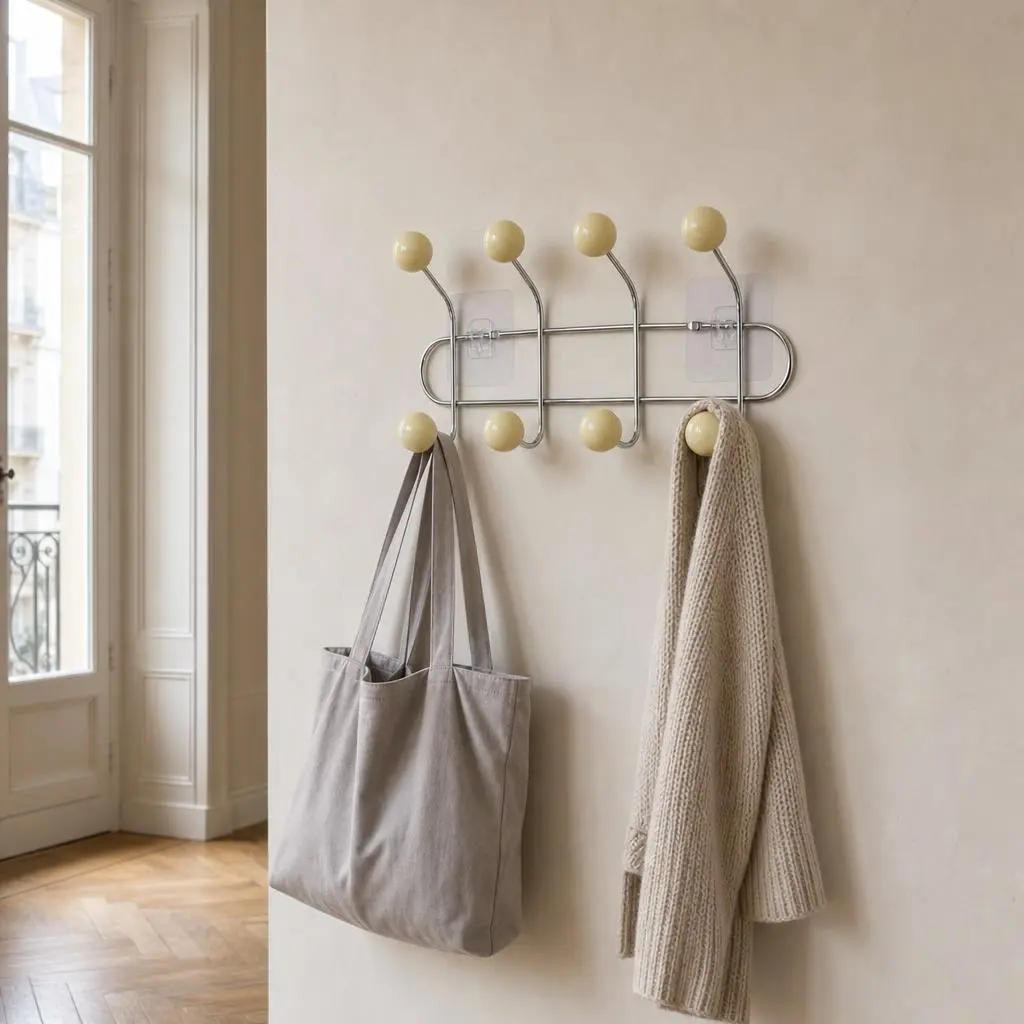 Porte-manteau mural 8 crochets métal chromé avec boules bois jaunes