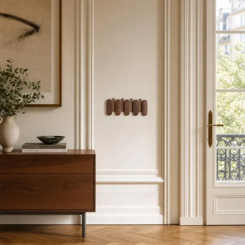 Porte-manteau mural arrondi en chêne foncé 4 crochets
