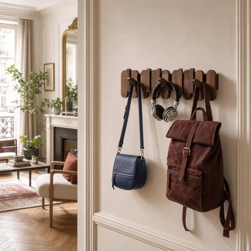 Porte-manteau mural arrondi en chêne foncé 4 crochets