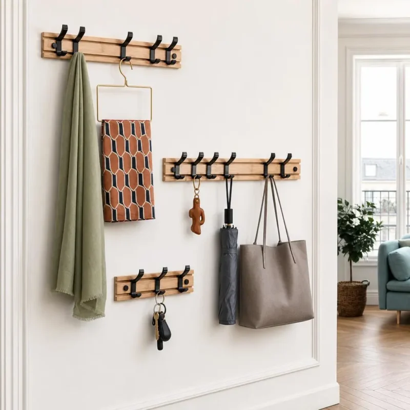 Porte-manteau mural en bambou naturel 4 crochets