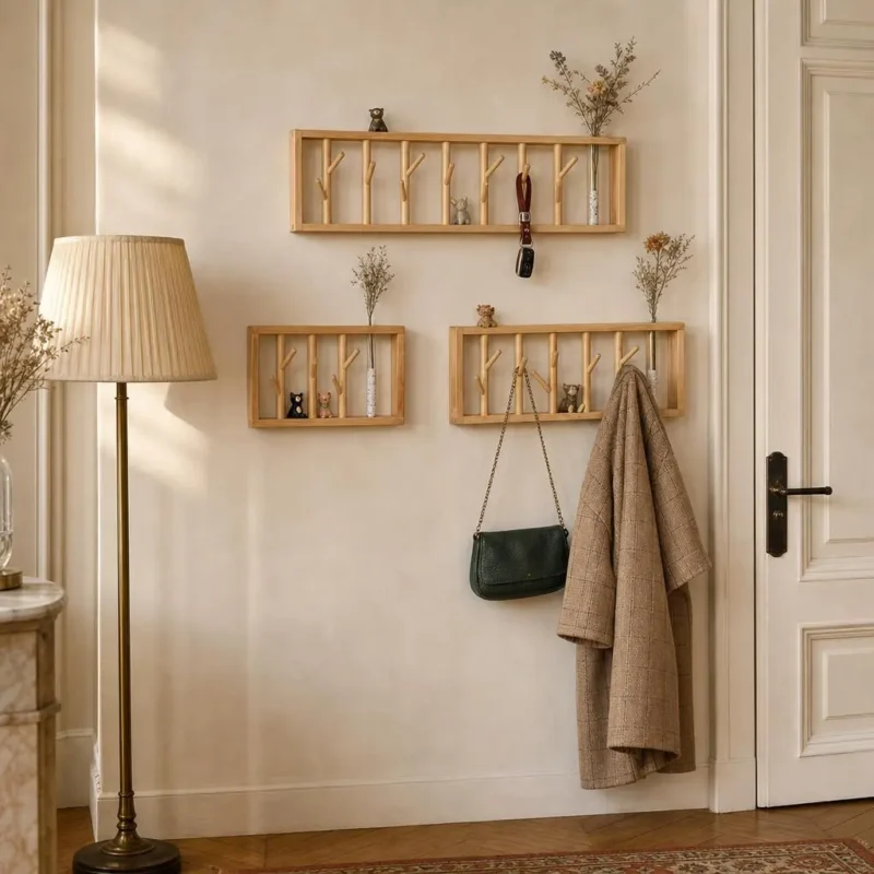 Porte-manteau mural en bois 8 crochets