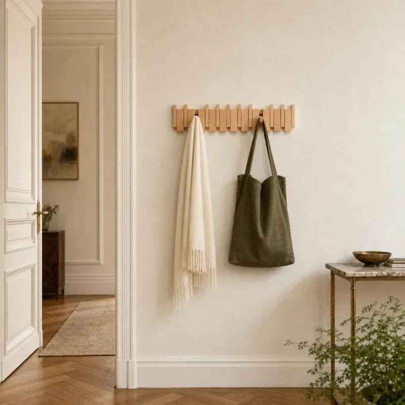 Porte-manteau mural bois clair 4 crochets