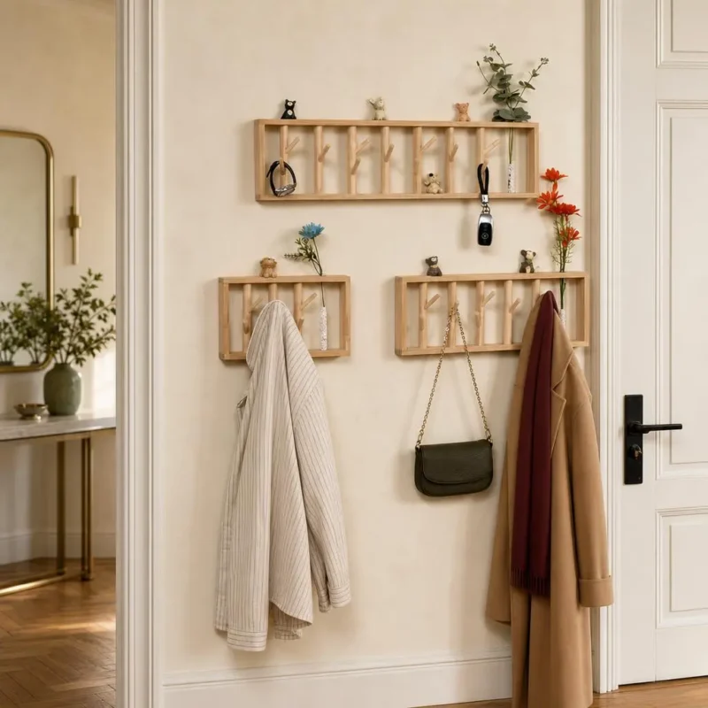 Porte-manteau mural bois clair 5 crochets style naturel
