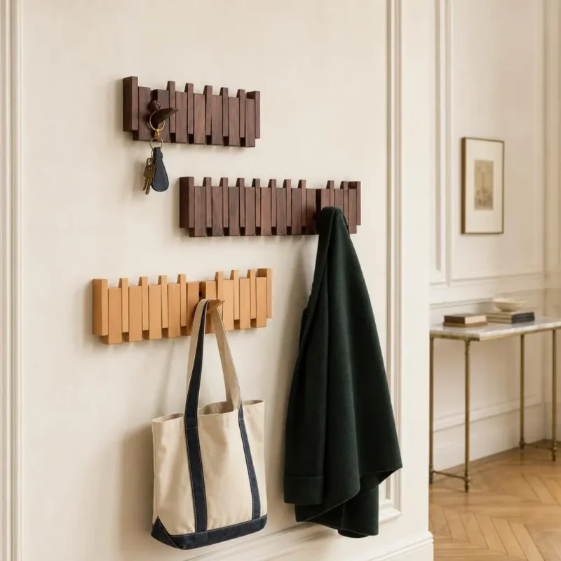 Porte-manteau mural bois clair 8 crochets