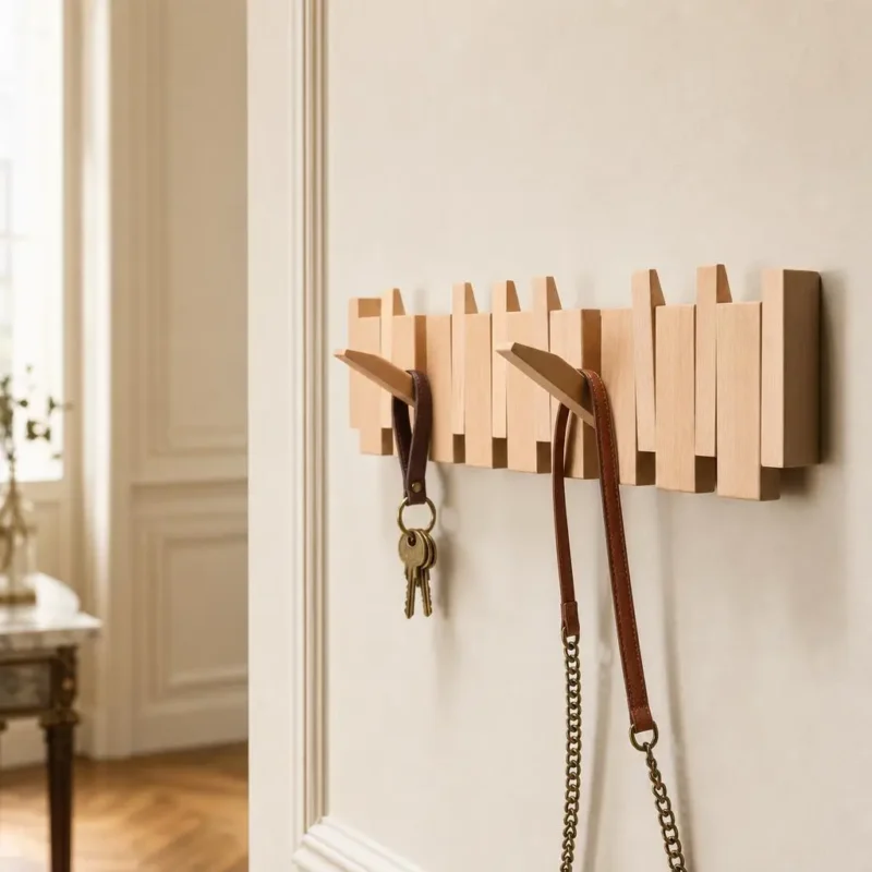 Porte-manteau mural bois clair 8 crochets