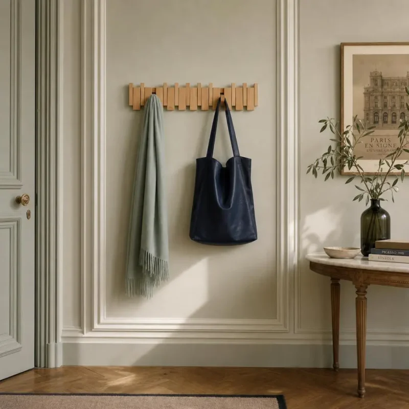 Porte-manteau mural bois clair 8 crochets