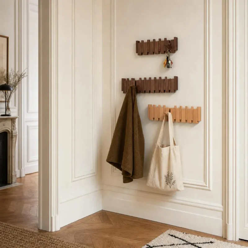 Porte-manteau mural bois clair 8 crochets