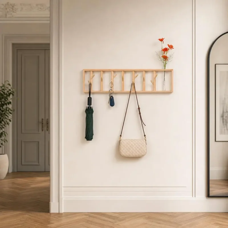 Porte-manteau mural en bois clair 8 crochets finition naturelle